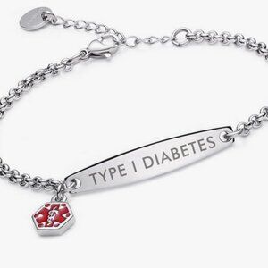 New! Diabetes Type 1 Simple Chain With Charm Medical ID Stainless Steel Bracelet